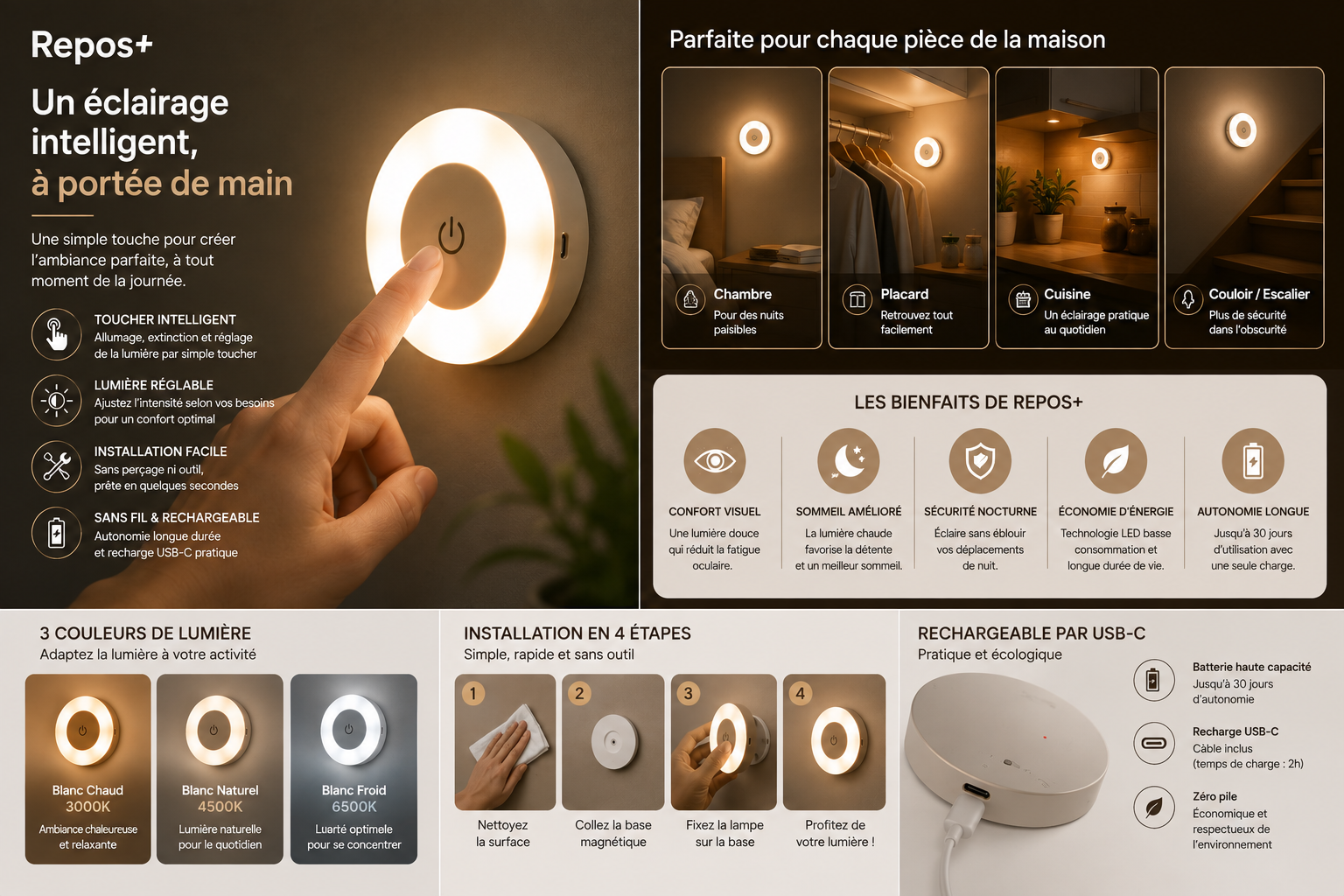Veilleuse Tactile Repos+ | Lumière Douce pour un Sommeil Apaisé