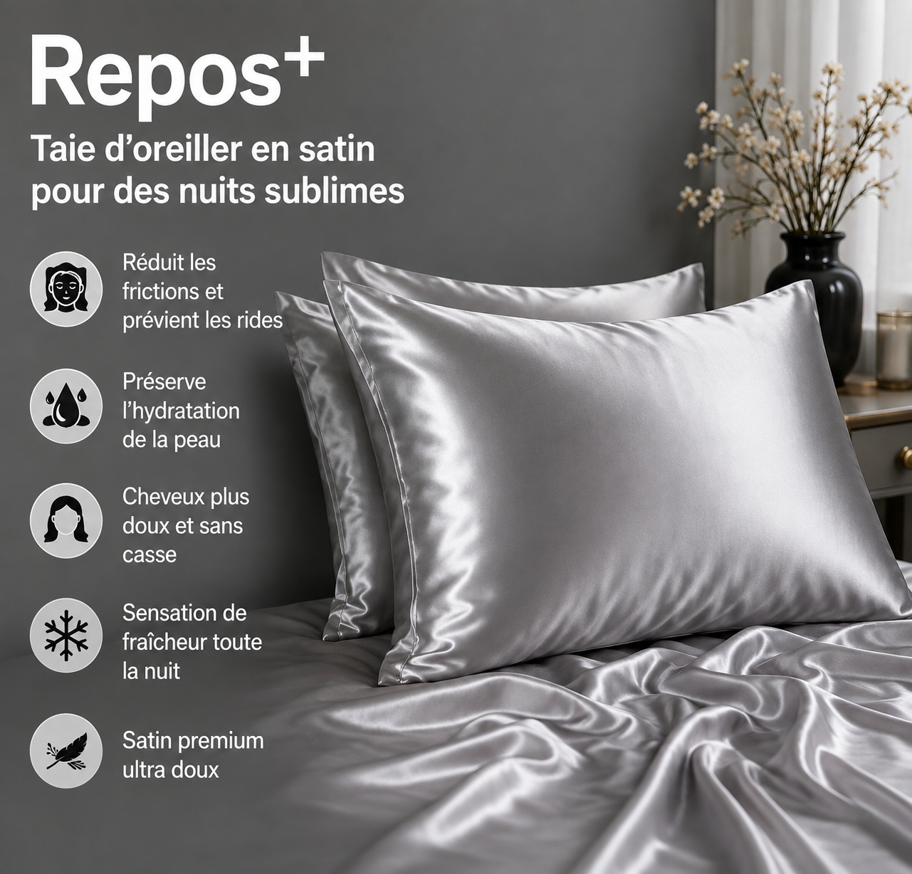 Taie d'Oreiller Satin Repos+ | Douceur pour vos Nuits